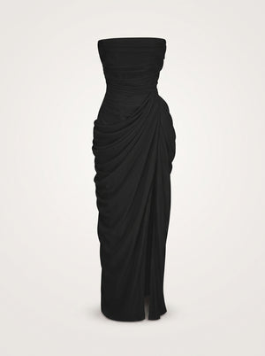 Trägerloses schwarzes, gerafftes Maxikleid mit Schlitz