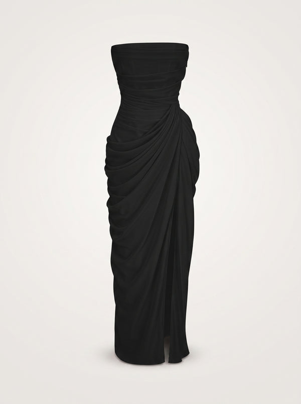Trägerloses schwarzes, gerafftes Maxikleid mit Schlitz