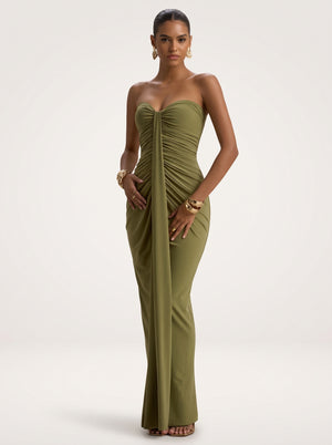Strapless Ruched Drape Maxi Dress