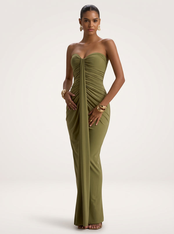 Strapless Ruched Drape Maxi Dress