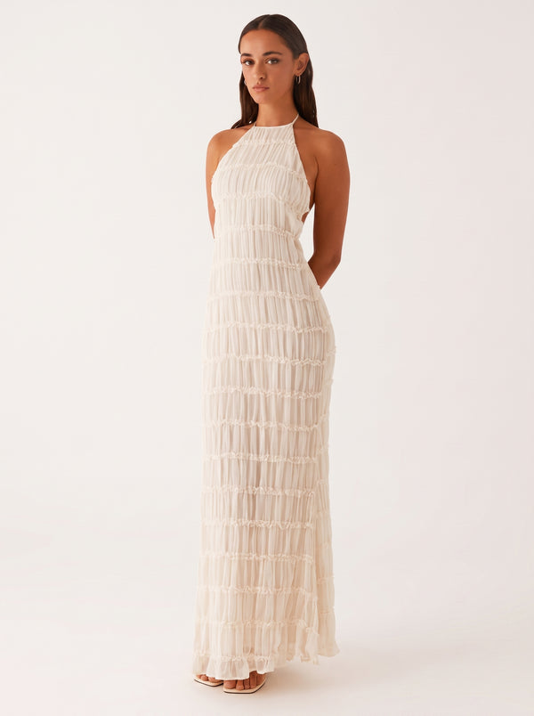 Fringe Halter Open-Back Maxi Dress