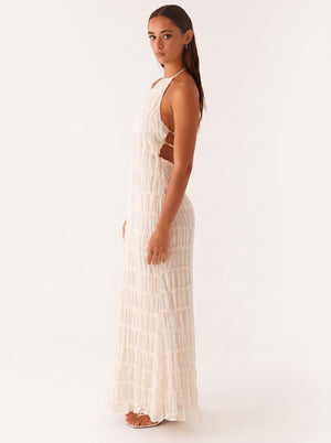 Fringe Halter Open-Back Maxi Dress