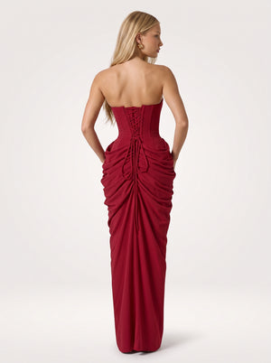 Red Strapless Ruched Corset Midi Dress