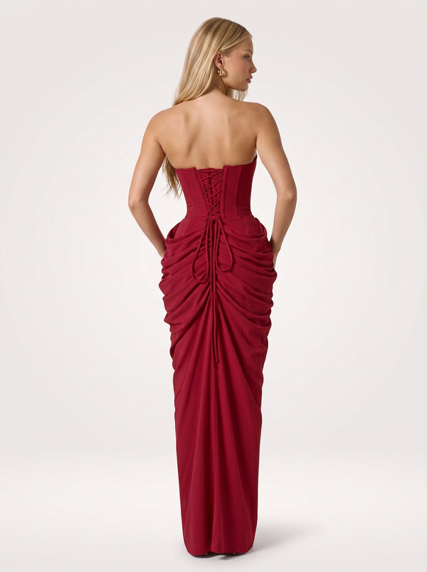 Red Strapless Ruched Corset Midi Dress