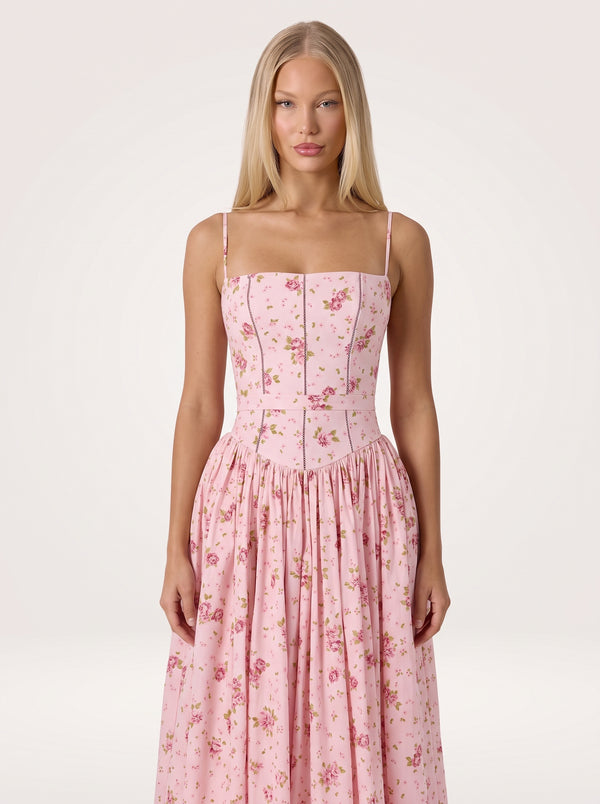 Rochie Midi cu Imprimeu Floral și Bretele Subțiri