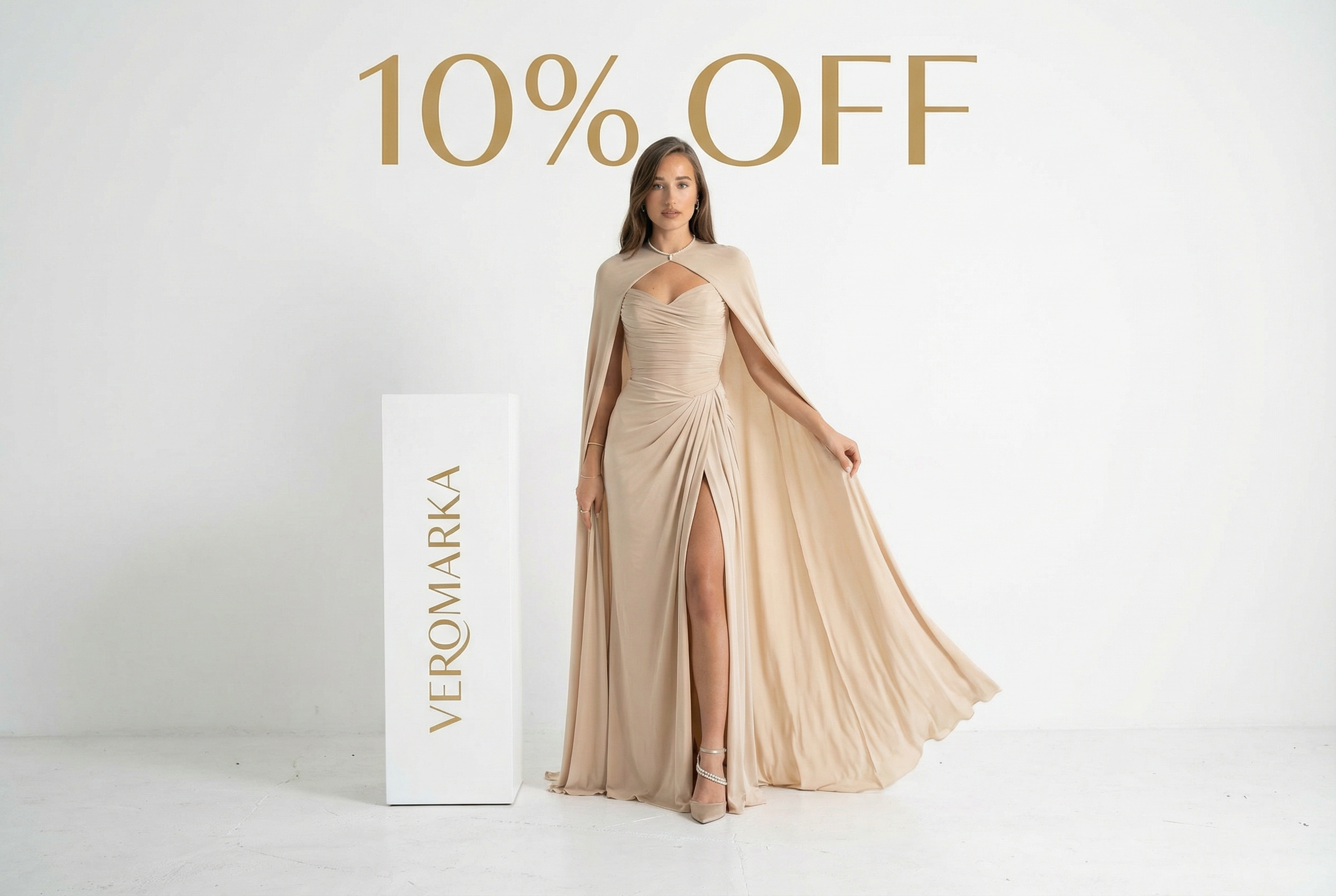 Woman in a beige evening gown with '10% OFF' and Veromarka branding on a white background