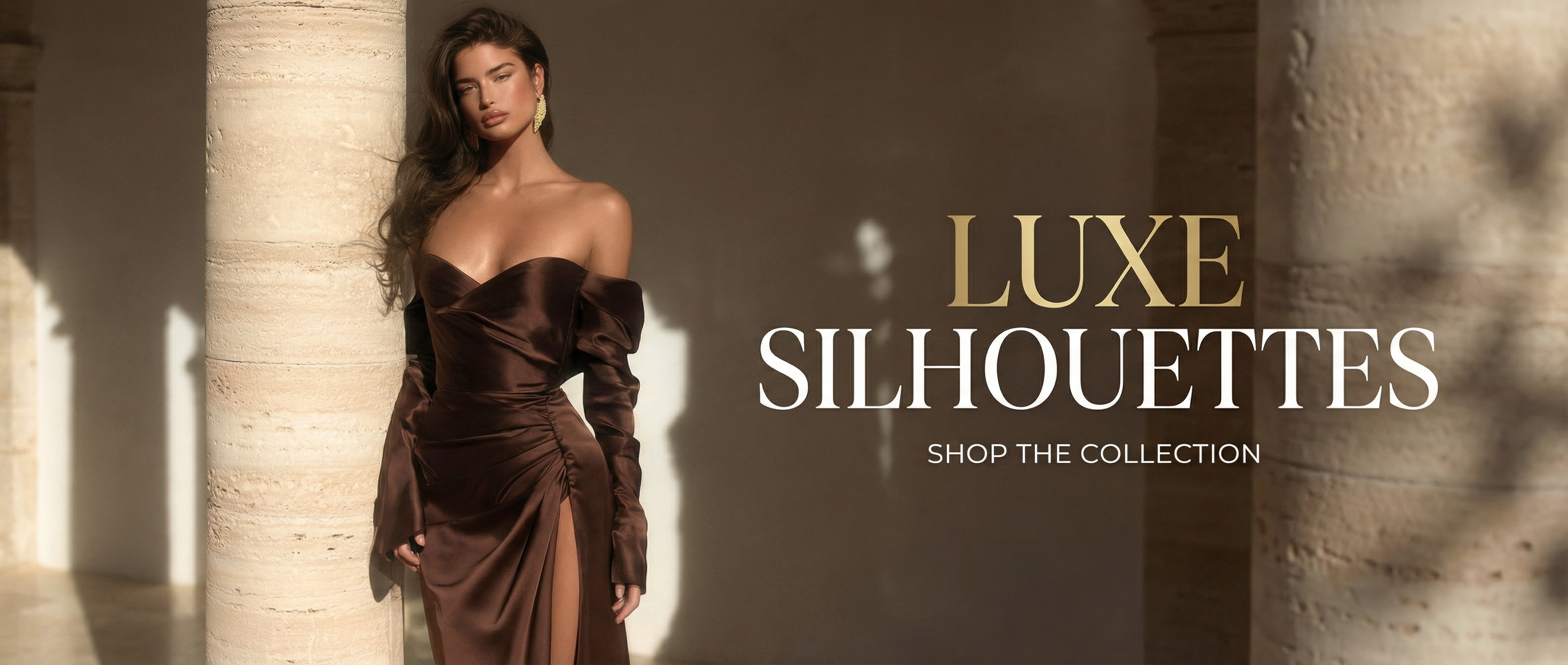 Woman in a brown dress standing against a textured wall with 'Luxe Silhouettes' text.