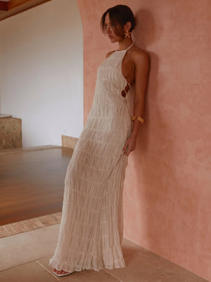 Fringe Halter Open-Back Maxi Dress