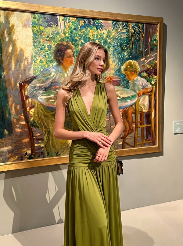 Draped Deep V Pleated Maxi Dress