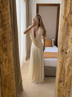 Draped V Neck Pleated Maxi Dress