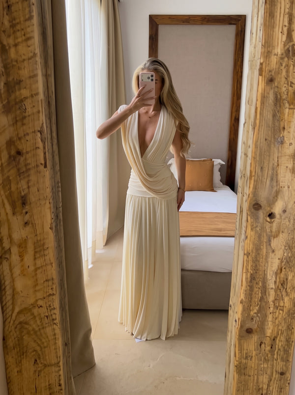 Draped V Neck Pleated Maxi Dress