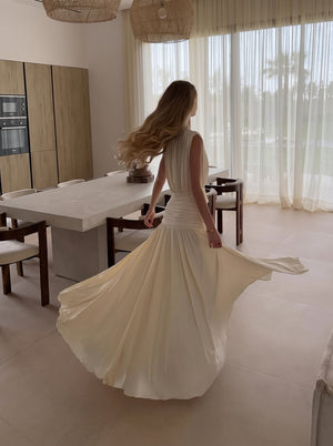 Draped V Neck Pleated Maxi Dress