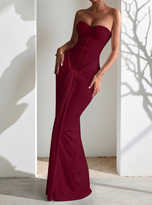 Wine Red Strapless Ruched Maxi Dress