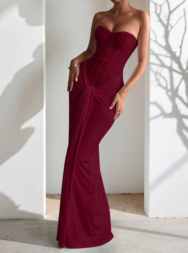 Wine Red Strapless Ruched Maxi Dress