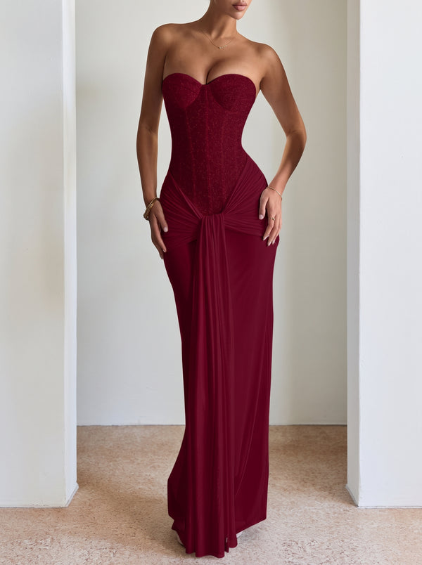 Wine Red Strapless Ruched Maxi Dress