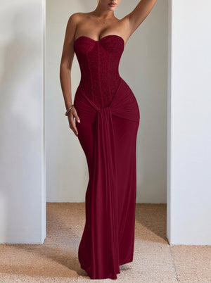 Wine Red Strapless Ruched Maxi Dress