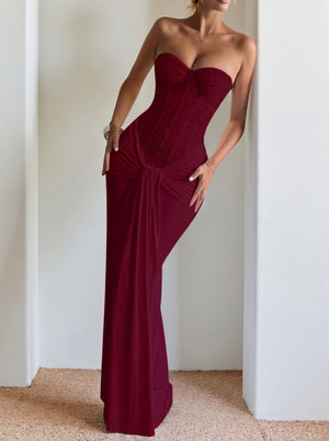 Wine Red Strapless Ruched Maxi Dress