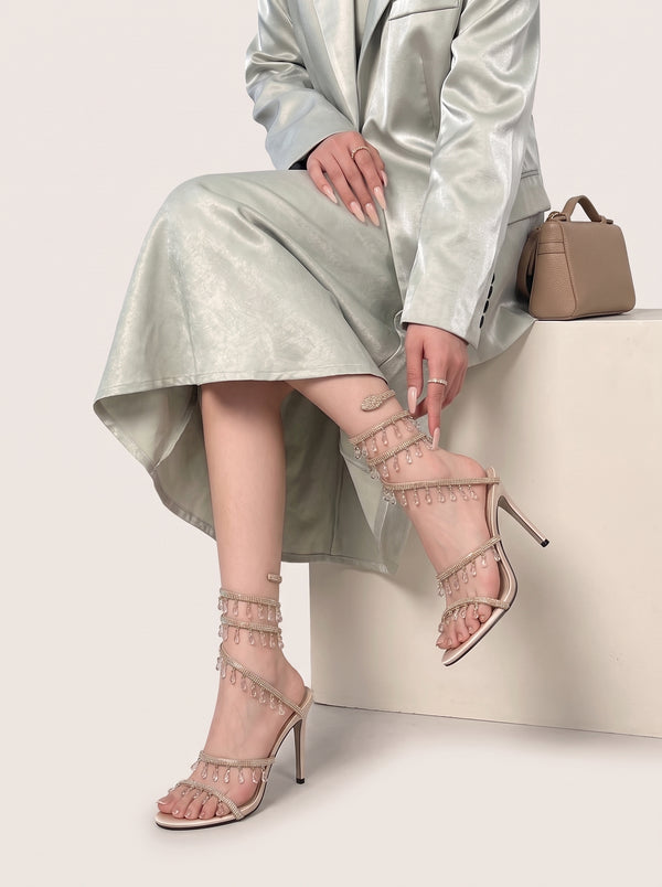 Champagne Rhinestone Spiral Strap Stiletto Sandals