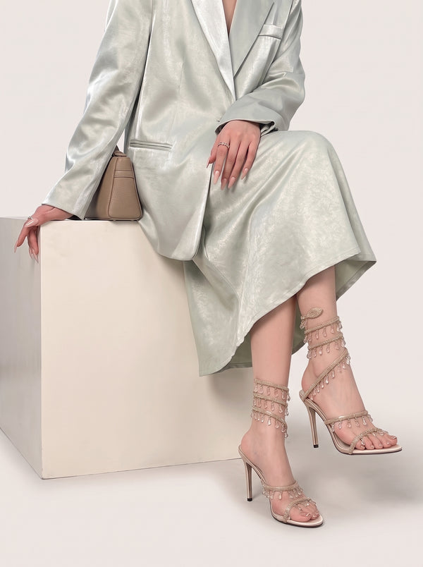 Champagne Rhinestone Spiral Strap Stiletto Sandals