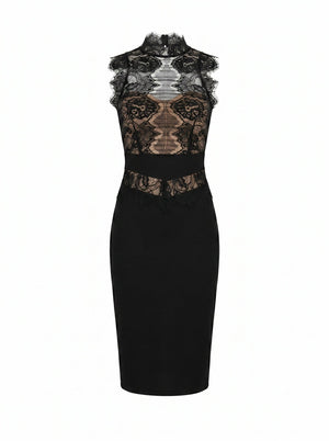Black dress with lace detailing on a white background