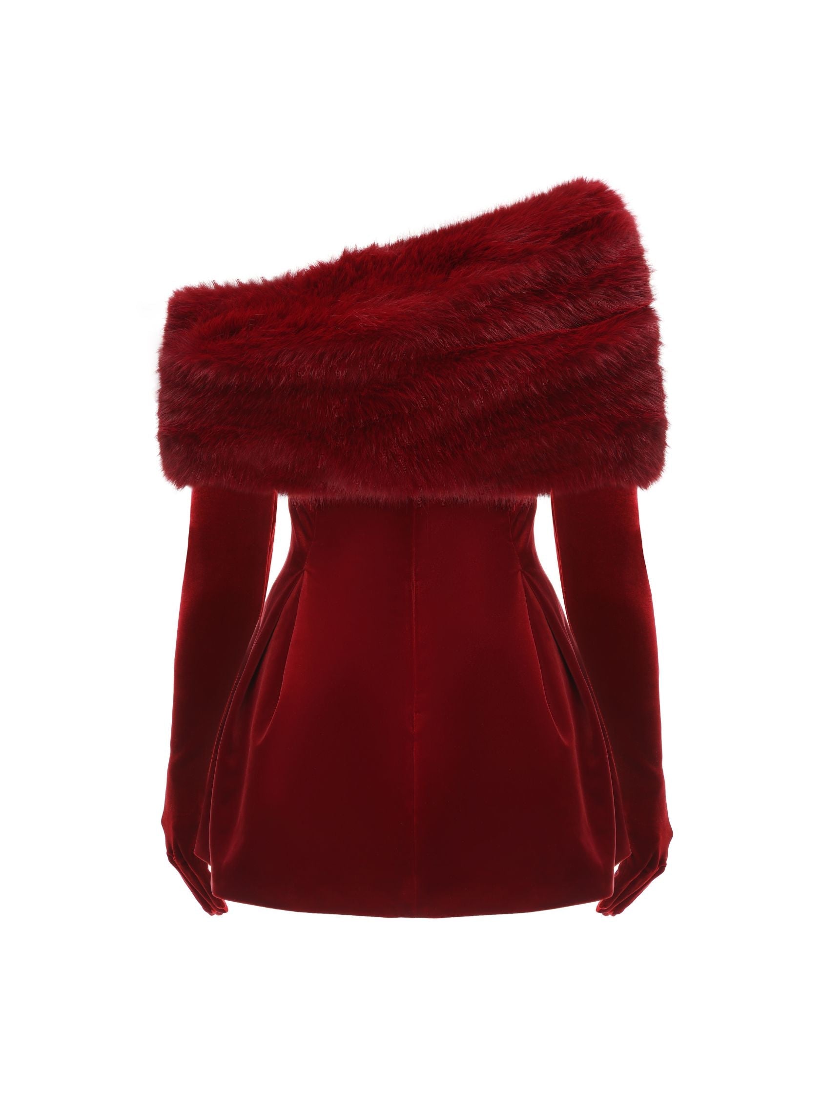 Red velvet dress with fur collar on a white background