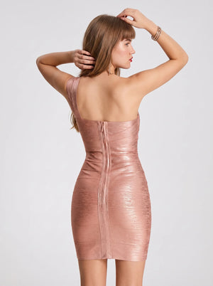 AuraRose One-Shoulder Mini Dress in rose pink — one-shoulder neckline and metallic banding, back view on model, VeroMarka