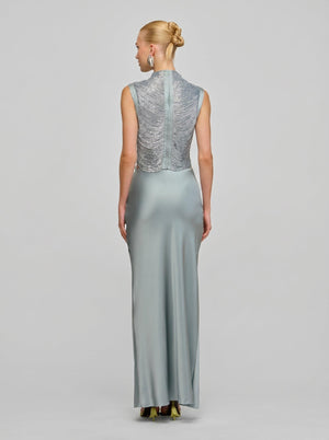 Azure Fringe Co-ord Set in blue — chain-fringe mock-neck top and satin maxi skirt, back view on model, VeroMarka