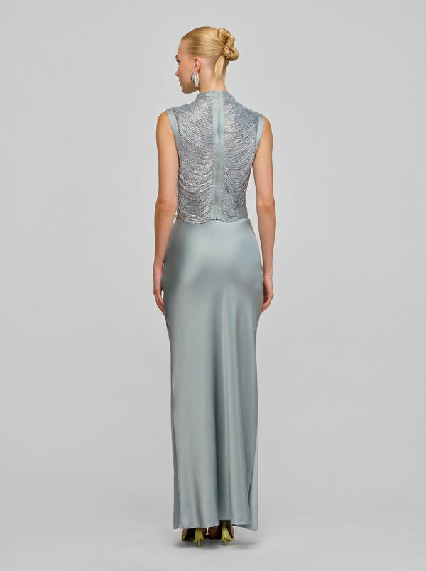 Azure Fringe Co-ord Set in blue — chain-fringe mock-neck top and satin maxi skirt, back view on model, VeroMarka