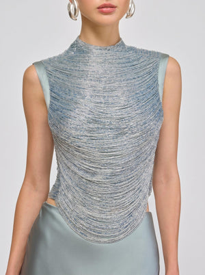 Azure Fringe Co-ord Set in blue, close-up of the fringe top on model, VeroMarka