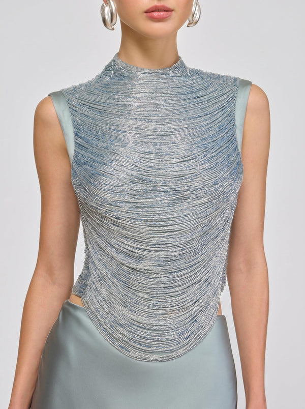 Azure Fringe Co-ord Set in blue, close-up of the fringe top on model, VeroMarka