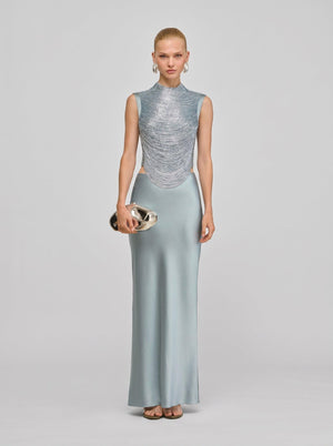 Azure Fringe Co-ord Set in blue — chain-fringe mock-neck top and satin maxi skirt, front view on model, VeroMarka