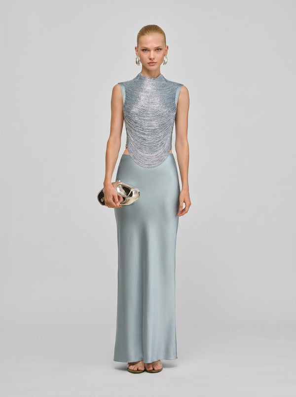Azure Fringe Co-ord Set in blue — chain-fringe mock-neck top and satin maxi skirt, front view on model, VeroMarka