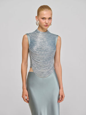 Azure Fringe Co-ord Set in blue — chain-fringe mock-neck top and satin maxi skirt, upper-body view on model, VeroMarka