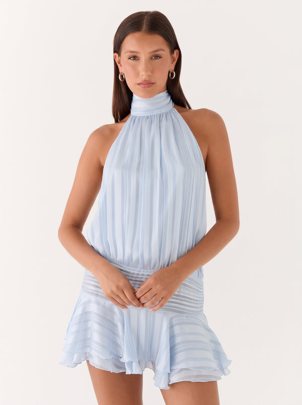 Backless Halter Ruffle Mini Dress in powder blue, closer front view on model, VeroMarka