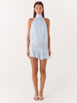 Backless Halter Ruffle Mini Dress in powder blue, front view on model, VeroMarka