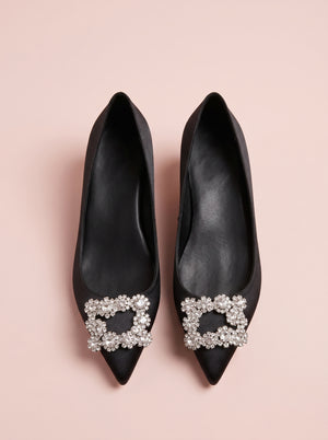 Crystal Buckle Pointed Flat in black — satin finish and crystal buckle, top-down flat lay of the pair, VeroMarka