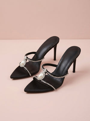 Crystal Embellished Stiletto Mule in black — pearl and crystal straps, flat lay of the pair, VeroMarka
