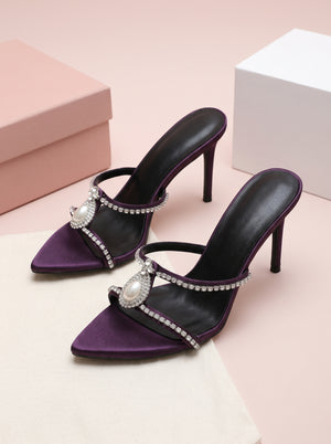 Crystal Embellished Stiletto Mule in purple — pearl and crystal straps, flat lay of the pair, VeroMarka