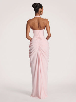 Draped Halter Slit Gown in blush pink — plunging halter, corset back and draped slit skirt, back view on model, VeroMarka