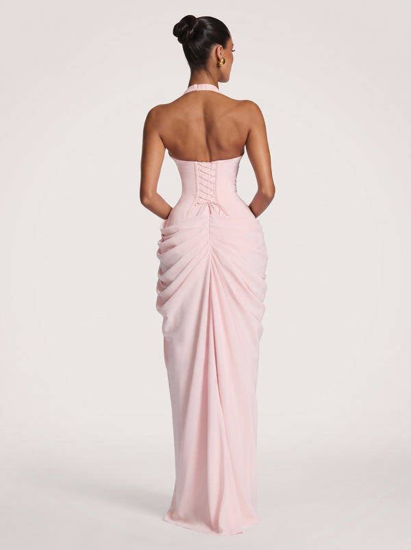 Draped Halter Slit Gown in blush pink — plunging halter, corset back and draped slit skirt, back view on model, VeroMarka