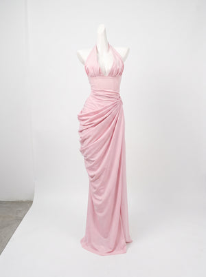 Draped Halter Slit Gown in blush pink, product shot on a display form, VeroMarka