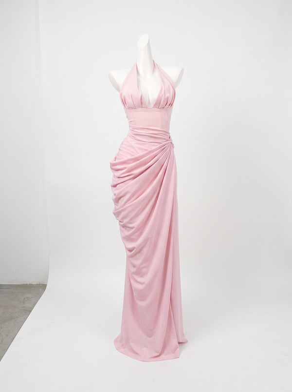 Draped Halter Slit Gown in blush pink, product shot on a display form, VeroMarka