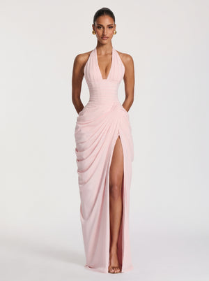 Draped Halter Slit Gown in blush pink — plunging halter, corset back and draped slit skirt, front view on model, VeroMarka
