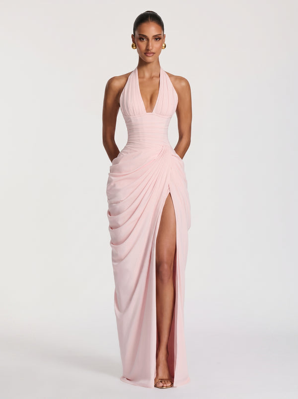 Draped Halter Slit Gown in blush pink — plunging halter, corset back and draped slit skirt, front view on model, VeroMarka