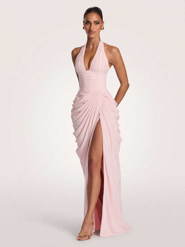Draped Halter Slit Gown in blush pink, three-quarter view on model, VeroMarka