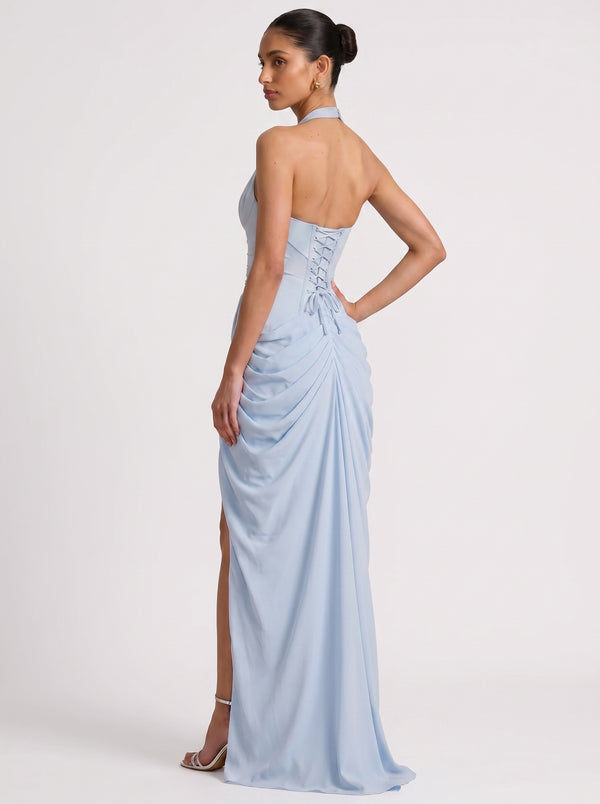 Draped Halter Slit Gown in sky blue, back three-quarter view on model, VeroMarka