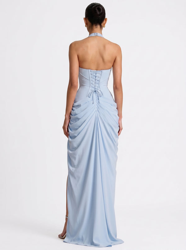 Draped Halter Slit Gown in sky blue — plunging halter, corset back and draped slit skirt, back view on model, VeroMarka