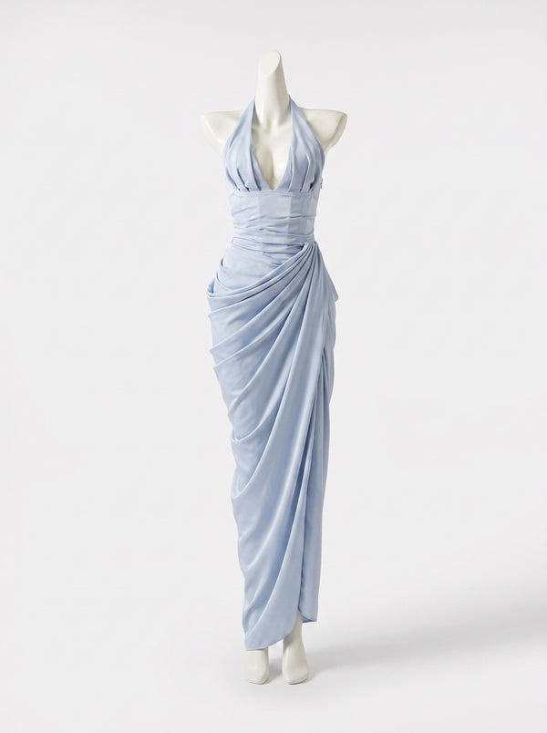 Draped Halter Slit Gown in sky blue, product shot on a display form, VeroMarka