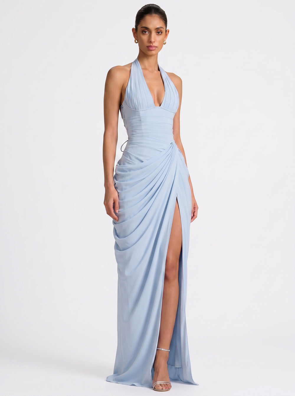 Draped Halter Slit Gown in sky blue — plunging halter, corset back and draped slit skirt, front view on model, VeroMarka