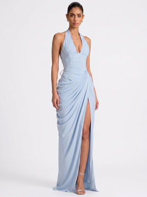 Draped Halter Slit Gown in sky blue — plunging halter, corset back and draped slit skirt, front view on model, VeroMarka